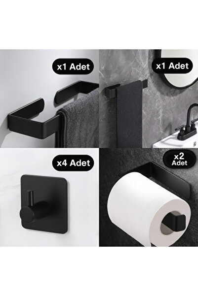Staal 8’li Mat Siyah Banyo Askılık Seti – Yapışkanlı Paslanmaz Askı, Havluluk...
