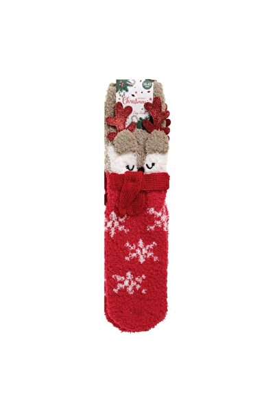 OEM Fluffy red Christmas socks 3D with reindeer pattern, non-slip sole, size 36-42