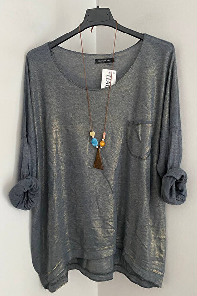 AYASOFYA OTANTIK Women's Italian Anthracite Long Sleeve Blouse with Necklace Pocket and Shiny Glitter Detail on the Front