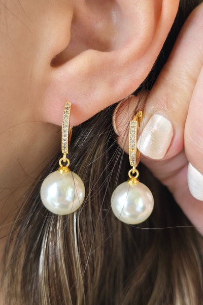 NBS Beautiful Naturel Stones İnci Küpe Antialerjik Kararmaz Gold Çelik 12mm