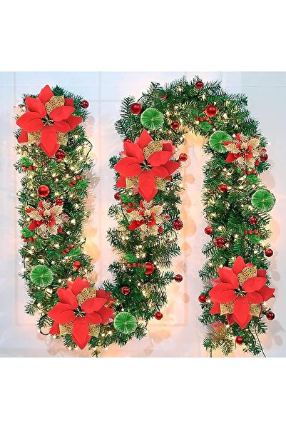 Generic Artificial 9FT Christmas Garland, Green Rattan with Red Flower Decorations LED Lights for Home Stair