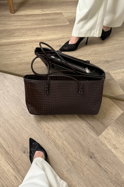 LEONAS Knitted Detailed Women's Tote Bag Larissa St0039 Bitter Brown