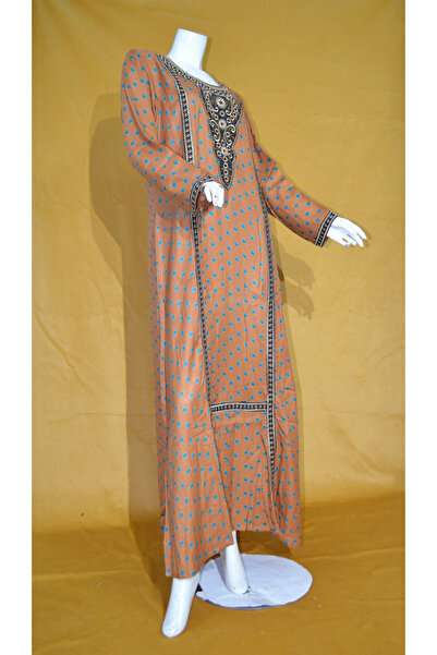 Zainah Jallabiya Embroidered & Printed / Kaftan Maxi Dress | V-Neck, Flared Sleeves & Metallic Finish