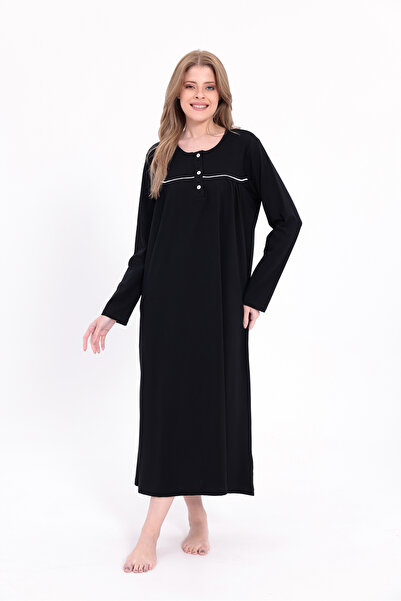 Yulem Homewear Women's Black Piped Cotton Long Sleeve Plus Size (Oversize) Nightgown