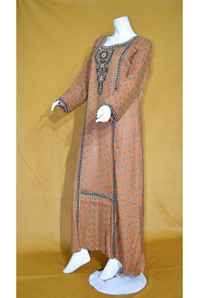 Zainah Jallabiya Embroidered & Printed / Kaftan Maxi Dress | V-Neck, Flared Sleeves & Metallic Finish