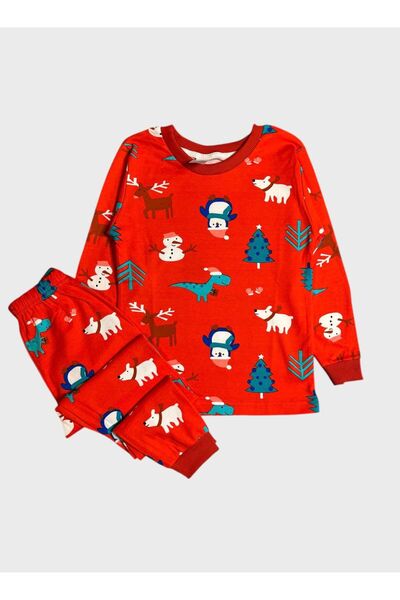 ALİŞ KİDS Girls' 100% Cotton Red Deer Snowman Pine New Year Themed Long Sleeve Pajama Set
