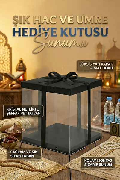 Alvenya Hac Umre Hediye Kutusu Şeffaf Siyah Lüks Sunum Kutusu (33.5x33.5x26 cm)