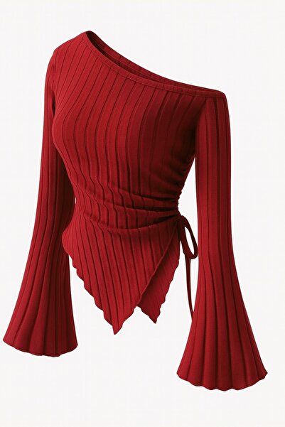 Marin Star Women's Burgundy Asymmetrical One-Shoulder Knit Blouse with Spanish Sleeve and Drawstring Detail