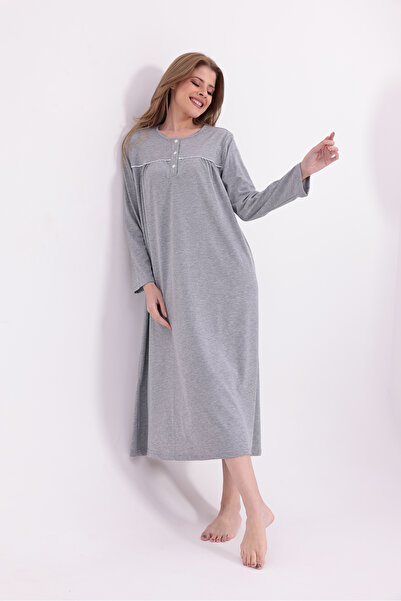 Yulem Homewear Women's Gray Piped Cotton Long Sleeve Plus Size (Oversize) Nightgown