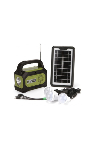 GDPLUS Kit solar de camping cu 3 becuri LED, MP3 Bluetooth, USB, radio FM, lanternă, panou solar, 8 W