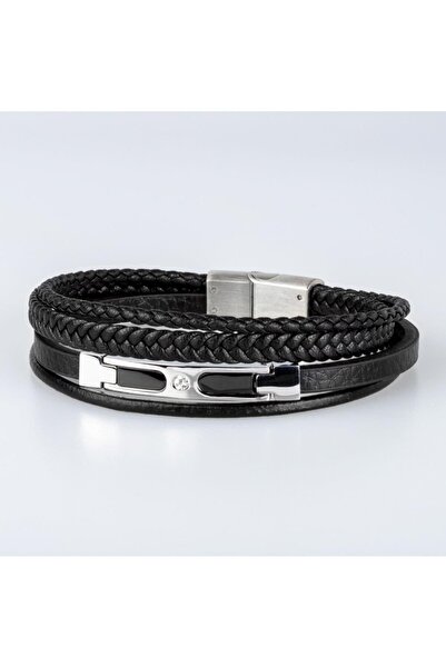 Halley Concept Black Genuine Leather Stainless Steel Men's Bracelet