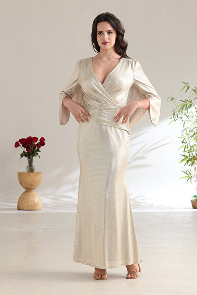 Verona Trading Company Long gold evening dress with a wrap design, butterfly sleeves, and a Draped back.