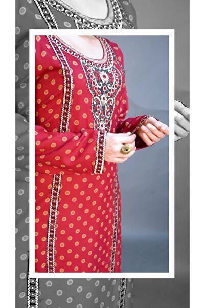 Zainah Jallabiya Embroidered & Printed / Kaftan Maxi Dress | V-Neck, Flared Sleeves & Metallic Finish