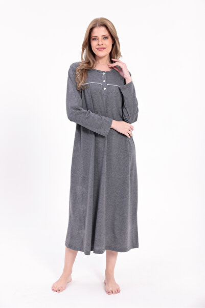 Yulem Homewear Women's Smoked Piped Cotton Long Sleeve Plus Size (Oversized) Nightgown