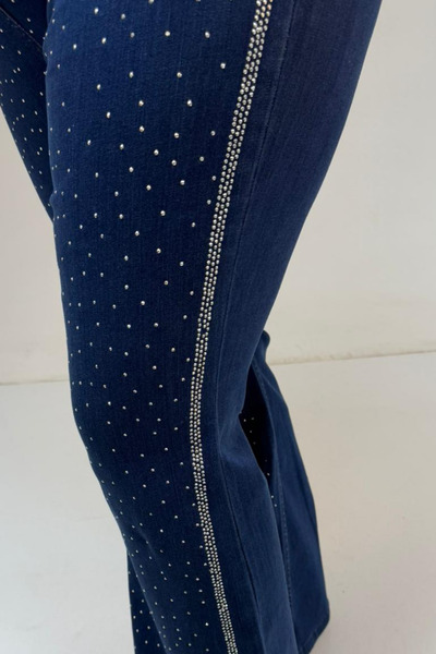 Eslina 59038 Plus Size Flared Stone Print Detailed Jeans - Navy Blue