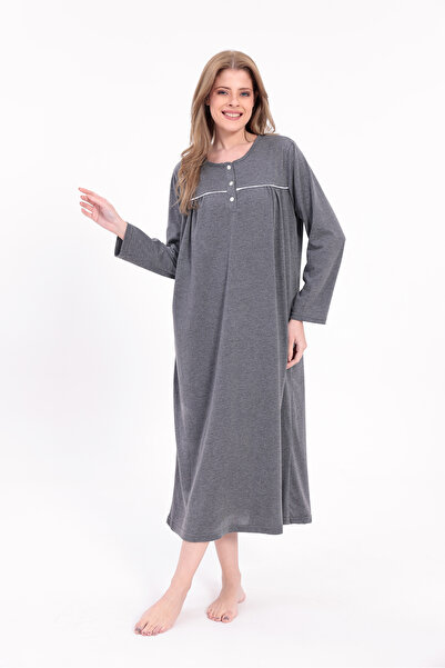 Yulem Homewear Women's Smoked Piped Cotton Long Sleeve Plus Size (Oversized) Nightgown