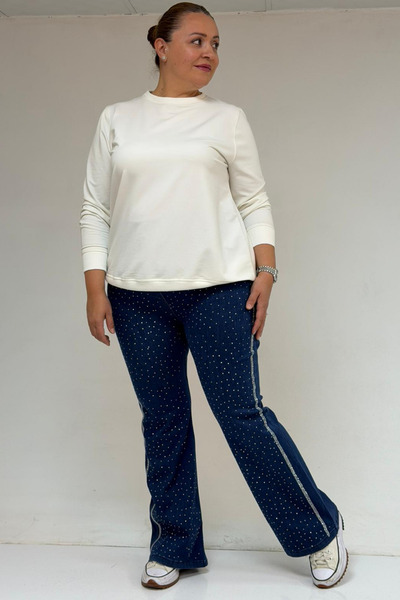 Eslina 59038 Plus Size Flared Stone Print Detailed Jeans - Navy Blue