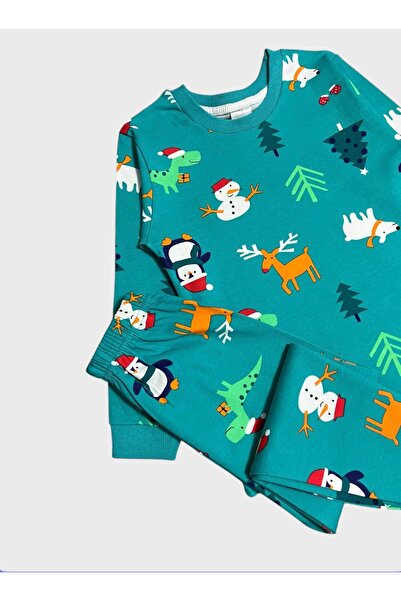 ALİŞ KİDS Boys' 100% Cotton Green Deer Snowman Pine New Year Themed Long Sleeve Pajama Set