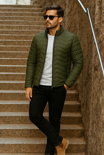 comstar Ανδρικό χειμερινό παλτό με καπιτονέ χακί τάσης