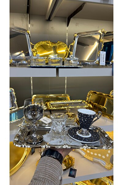 Vakıf home 6 Adet Tek Kişilik Döküm Gümüş Güllü Çay Kahve Sunum Tepsisi