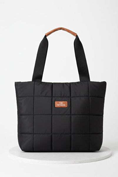 Random shopping Kadın Siyah Kapitoneli Fermuarlı Puf Kumaş Büyük Boy Omuz Çan...