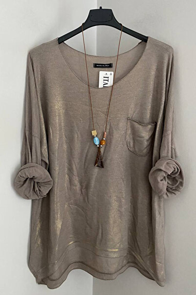 AYASOFYA OTANTIK Women's Italian Mink Collar Pocketed Front Shiny Glitter Detail Casual Long Sleeve Blouse