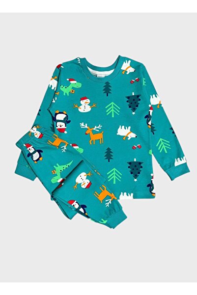 ALİŞ KİDS Boys' 100% Cotton Green Deer Snowman Pine New Year Themed Long Sleeve Pajama Set