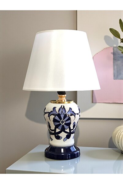 ferayhome Abajur Aydınlatma Şah Mavi Çiçekli Beyaz Şapka Gold - Feray Home