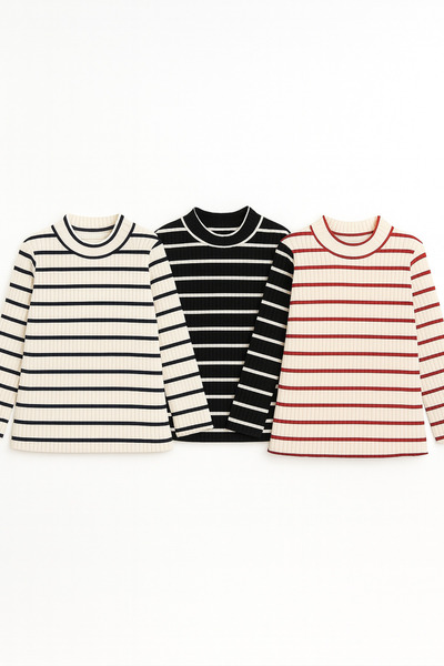 mini kanka 3 Pieces of Girls' Winter Clothing, Ages 4-12, Turtleneck Knit Sweater Set with Stripe Detail, 3-Piece Set.