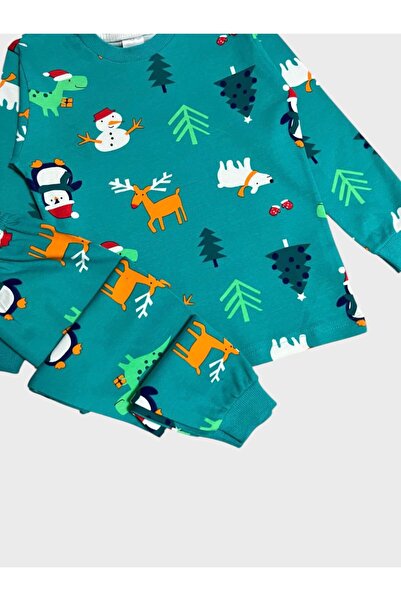 ALİŞ KİDS Girls' 100% Cotton Green Deer Snowman Pine New Year Themed Long Sleeve Pajama Set