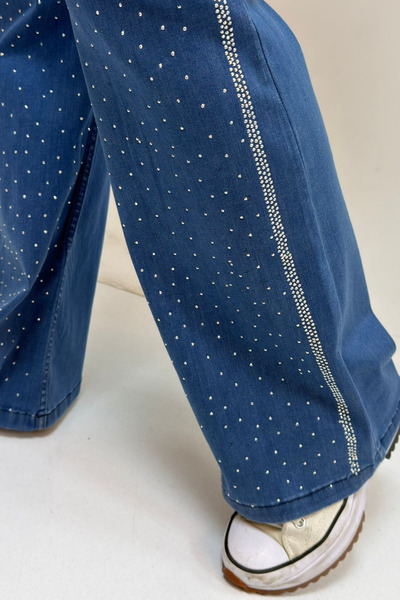 Eslina 59038 Plus Size Flared Stone Print Detailed Jeans - Blue