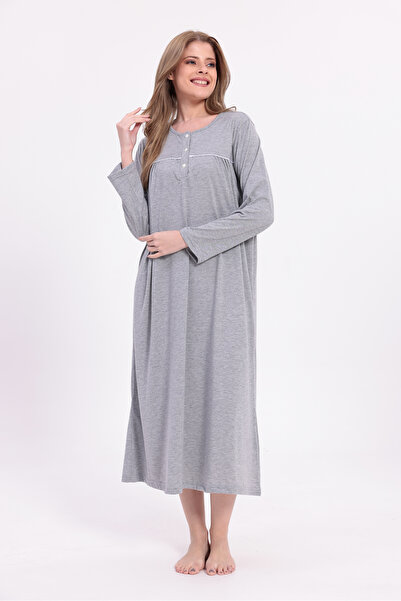 Yulem Homewear Women's Gray Piped Cotton Long Sleeve Plus Size (Oversize) Nightgown