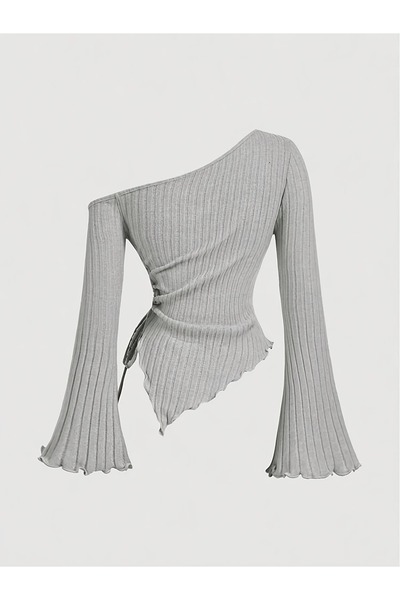 Marin Star Γυναικεία γκρι ασύμμετρη πλεκτή μπλούζα με έναν ώμο με λεπτομέρεια με ισπανικό κορδόνι στο μανίκι