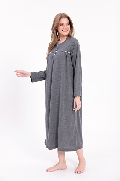 Yulem Homewear Women's Smoked Piped Cotton Long Sleeve Plus Size (Oversized) Nightgown