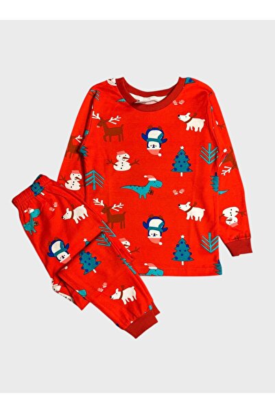 ALİŞ KİDS Set de pijamale cu mâneci lungi pentru băieți, bumbac 100% piese, cu tematică de Anul Nou, cu ren roșu, om de zăpadă, pin