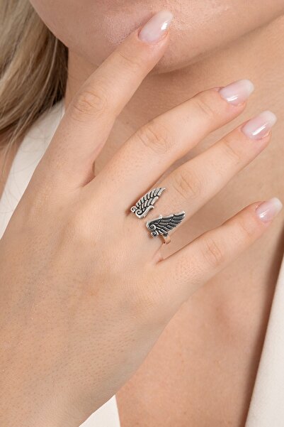 Söğütlü Silver 925 ayar gümüş yüzük üstten ayarlamalı melek kanadı oksitli yü...