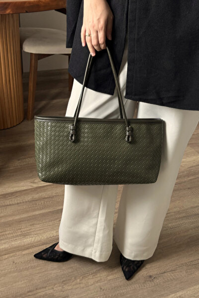 LEONAS Knitted Detailed Women's Tote Bag Larissa St0039 Khaki