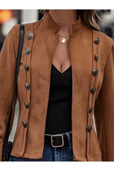 Kanonik Education Women's Long Sleeve High Collar Short Suede Jacket with Buttons on the Sides
