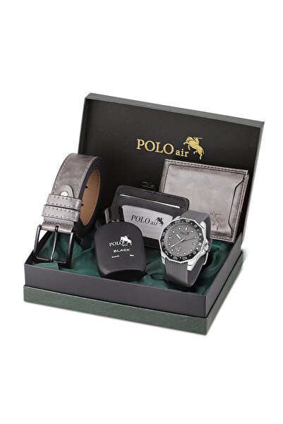 Polo Air Erkek Kol Saati Kemer Cüzdan Kartlık Parfüm Hediyelik Kutusunda Gümü...