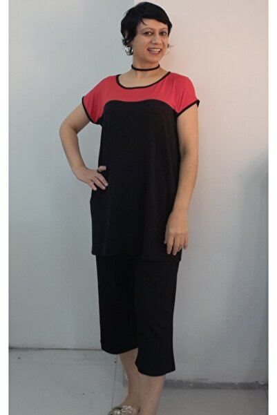 Mertcan Butik Black Pocket Capri Length Size Fits All Red Color Block Low Sleeve Combed Viscose Suit