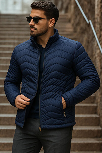 comstar Ανδρικό χειμερινό παλτό με καπιτονέ ναυτικό μπλε πουπουλένιο παλτό