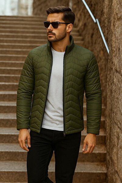 comstar Ανδρικό χειμερινό παλτό με καπιτονέ χακί τάσης