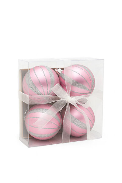 OEM Set de 4 globuri roz cu sclipici argintiu – ornamente pentru brad de Crăc...