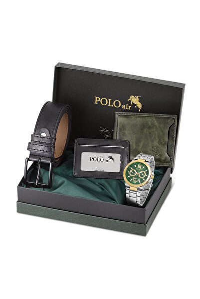 Polo Air Erkek Kol Saati Cüzdan Kemer Kartlık Hediyelik Kutusunda Gold Yeşil ...