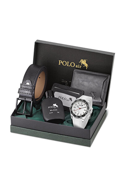 Polo Air Erkek Kol Saati Kemer Cüzdan Kartlık Parfüm Hediyelik Kutusunda Gümü...