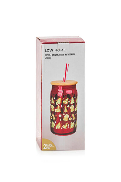 LC Waikiki Printed Glass Cup with Straw 450 ml