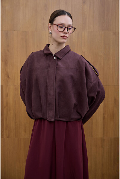 Birgül Bektaş Καφέ σουέτ παλτό με λεπτομέρεια με κούμπωμα στο μπροστινό μέρος