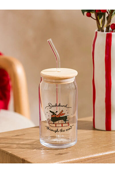 LC Waikiki Printed Glass Cup with Straw 450 ml