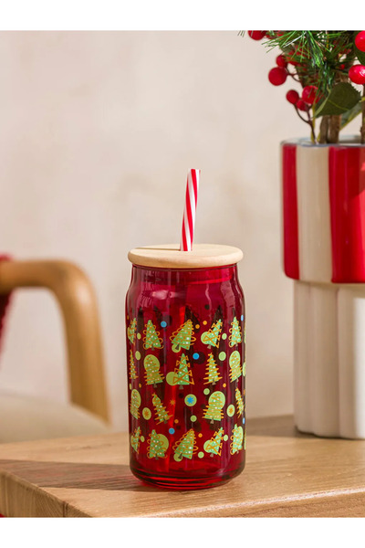 LC Waikiki Printed Glass Cup with Straw 450 ml