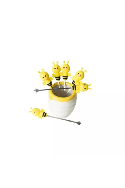 Gonga Set of 6 metal forks in the shape of silicone bees, with bowl, Gonga® Yellow